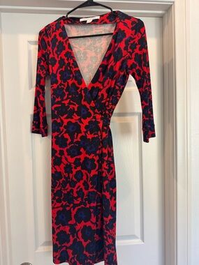 Diane Von Furstenberg Red & Navy Floral Wrap Midi Dress